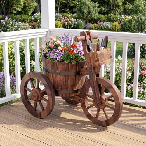 GIANTEX Wooden Wagon Planter with Wheels Set 2, Rustic Wood Plant Stand with Drainage Hole for Flowers Herbs Vegetables, Indoor Outdoor Decorative Garden Flower Cart for Patio Backyard Balcony - style: Spoked Wheel