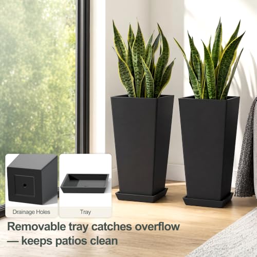 24" Set of 2 Tall Black Planters for Outdoor Plants, Tapered - color: Classic Black