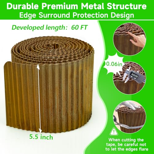 Corrugated Garden Edging,5.5"×60Ft Pre-Rusted Landscape Edging & Lawn Edging Border,Metal Garden Border for Flower Beds,Garden,Lawn,Raised Beds & Tree Surrounds - color: Pre-Rusted, size: 5.5"×60Ft