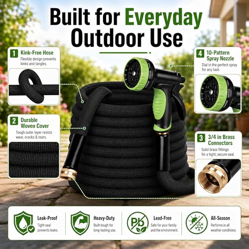 Garden Hose 50FT, NON-EXPANDABLE Flexible Water Hose, Lightweight, Kink-Free, High-pressure Hose Male to Female Fittings for Watering Plants, Washing Cars, Cleaning Patios and Bathing Pets. - size: 50FT