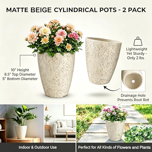 10 inch Garden Planter Lightweight Indoor Outdoor Pots with Drainage Hole for Potted Plants Flowers Greenery, Set of 2 (Beige Grain Texture) - color: Beige Grain Texture