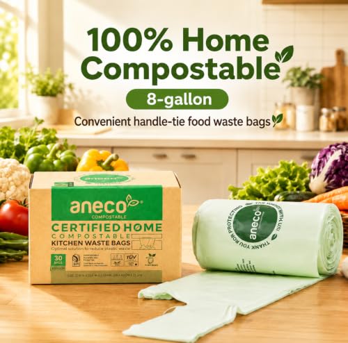 ANECO 8 Gallon Compostable Kitchen Food Waste Bags, 30 Count - color: 8 GAL (Handle Tie Bags, 30 Count)