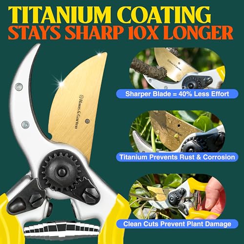 Haus & Garten ClassicPRO 8.5" Premium Titanium Bypass Garden Shears - Use as Pruners, Pruning Shears for Gardening, Hand Pruners, Handheld Garden Clippers Scissors Tool - color: Yellow Non Slip Soft Grips