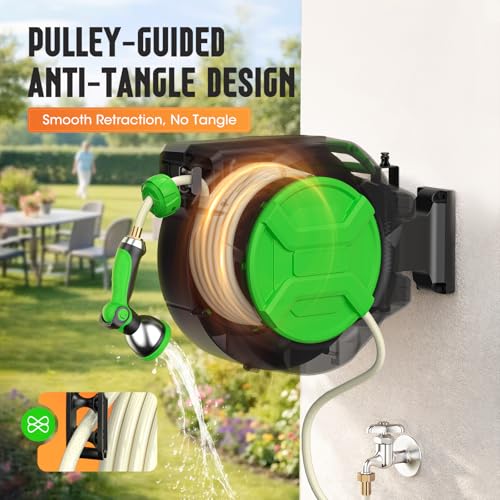 Retractable Garden Hose Reel 1/2" x 100ft, Wall Mounted Water Hose Reel with Auto Rewind, Any Length Lock, 180° Swivel Bracket & 9-Pattern Spray Nozzle, Heavy Duty Outdoor Hose Storage for Garden - color: Green