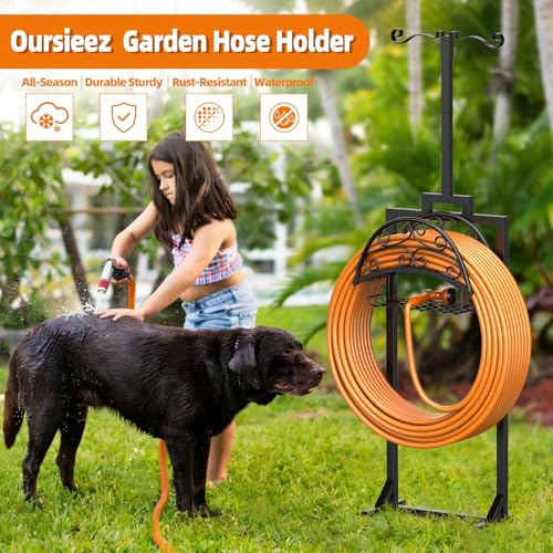 Garden Hose Holder with Shepherds Hooks - Freestanding Metal Water Hose Holder Stand Holds 160ft, Heavy Duty Garden Hanger Storage Rack for Outside Yard Lawn Farm - size: 68 Inch