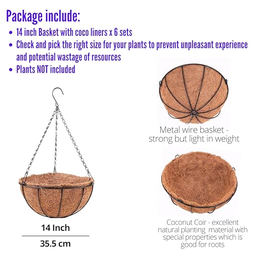 LaLaGreen Large Hanging Baskets (14 in, 6 Pack) Black Metal Coco Liner Pots - size: 14" x 6 Pack