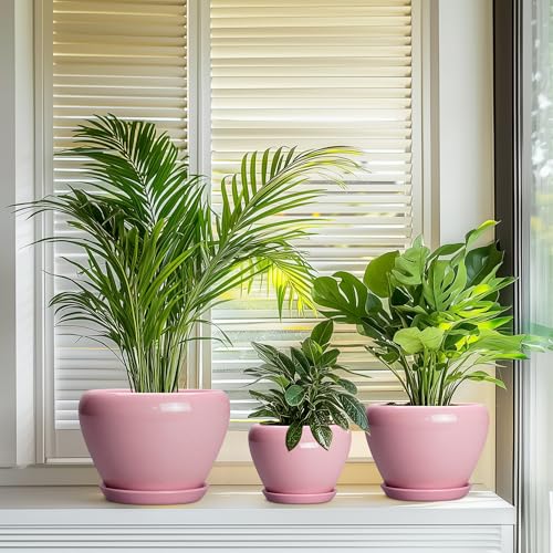 Ceramic Planters, 10+8+6 Inch Ceramic Plant Pots Indoor, Pink - color: Pink