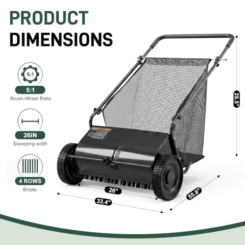 DRMBOOK Push Lawn Sweeper, Manual Leaf & Grass Collector, 26-Inch Black - color: Black, size: 26-Inch