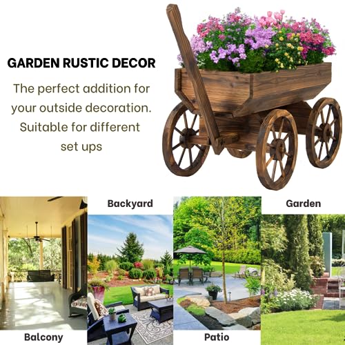 Wood Wagon Planter for Outdoor Balcony Decor - Garden Rustic Wooden Flower Cart with Wheels for Outside - Garden Decor - Amish Decorative Indoor - Wheelbarrow Planter for Patio - color: Classic Wood Wheels