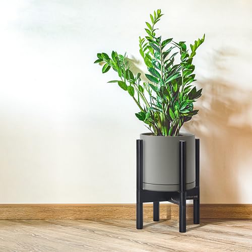 D'vine Dev Ceramic Pot with Ebony Wood Stand, Grey, 8 in, 55-B-M-3 - color: Grey Pot + Ebony Stand, size: 8 Inch