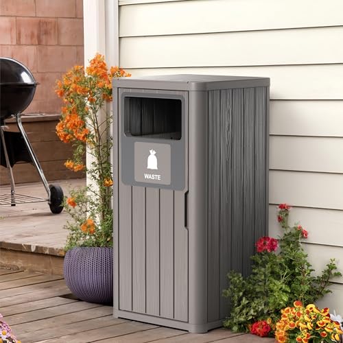 PatioZen Outdoor Single Barrel Trash Can,Waterproof Resin Garbage Can with Garbage Labels,Durable Waste Bin for Porch, Backyard,Kitchen,for 30 to 39 Gallon Trash Bags - color: Grey, size: 16*16*35