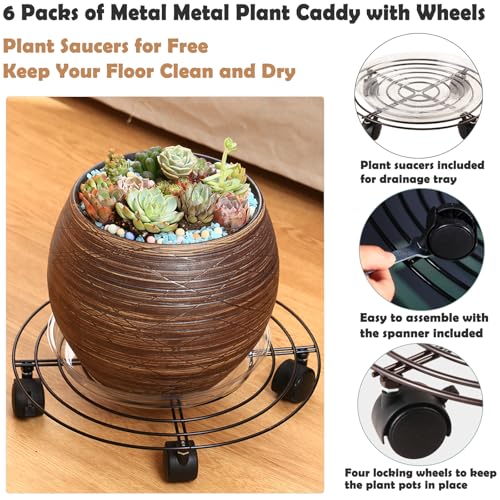 6 Packs Large Metal Plant Caddy with Wheels 13" and 11.8" Heavy-duty Wrought Iron Rolling Plant Stands with Casters Plant Dolly Plant Roller Base Indoor and Outdoor Plant Pot Movers Planter Rollers - color: Brown