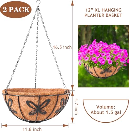 Hanging Baskets Planter for Plants, 2 Pack 12 Inch Round Metal Wire Hanging Flower Pots with Coco Coir Liner Chain, Plant Holder for Home Garden Balcony Decor - size: 12in