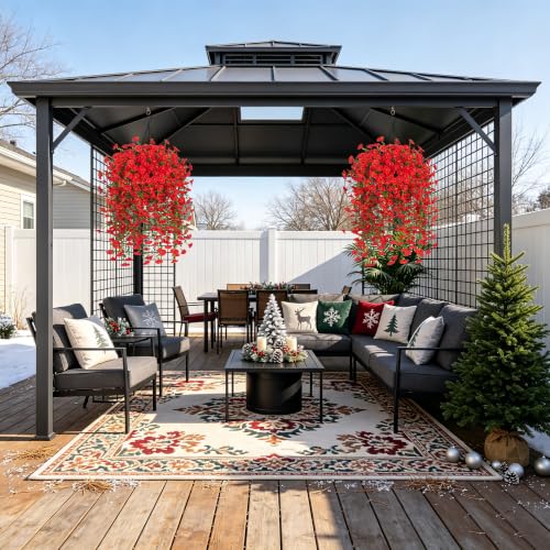 Artificial Flowers with Hanging Basket, Outdoor Faux Plants UV Resistant - color: Red