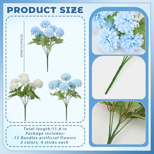 XunYee 12 Pcs Blue Artificial Flowers for Outdoor,Silk Chrysanthemums - color: Blue