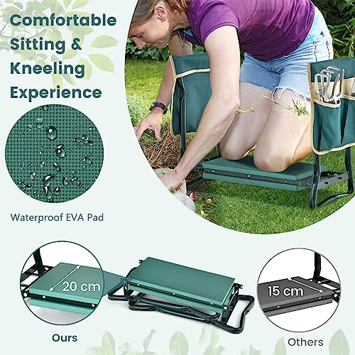 HAPPYGRILL Garden Kneeler Bench for Kneeling and Sitting, Portable Garden Kneeler Seat with 2 Large Tool Pouches, EVA Foam Kneeling Pad, Foldable Gardening Tool Bench