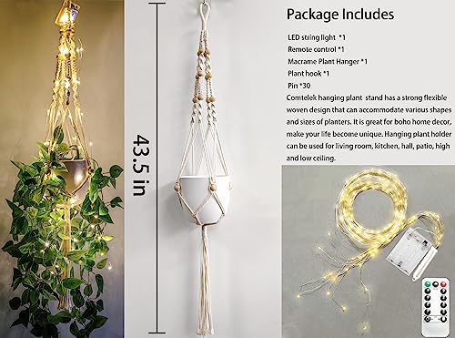 Comtelek Macrame Plant Hanger with Lights Indoor Hanging Planter Basket with Wood Beads Flower Pot Holder Handwoven Cotton Rope Tassels for Boho Home Window Decor 43.5 Inch, Ivory (POTS NOT Included) - size: With Tassels + LED Lights