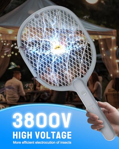 Mosiller Electric Fly Swatter, 3800V Bug Zapper Racket, Rechargeable 1200mAh Mosquito Killer, 3-Layer Safety Mesh, Lightweight, Easy to Use, Indoor Home Office Backyard Patio Camping (Basic 2 Pack) - size: Gray-Basic 2 Pack