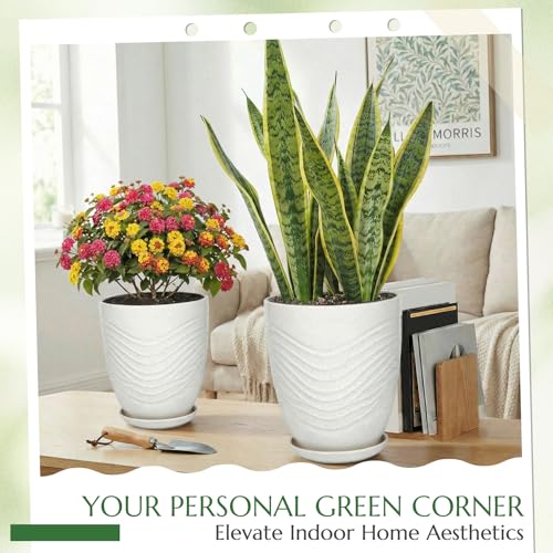11.8 Inch Flower Pots for Indoor Plants,Ceramic Planter with Saucer Drainage Leak-Proof Mesh Gardening Gloves (Water-Ripple White) - color: Water-ripple White, size: 11.8 Inch
