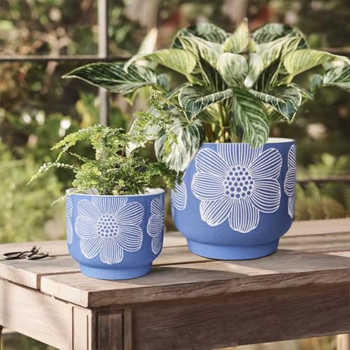 Ceramic Plant Pots, 8+6 Inch, 2 Pcs Indoor Planters with Drainage Holes - color: Modern Matte Blue Floral, size: 8+6 Inch