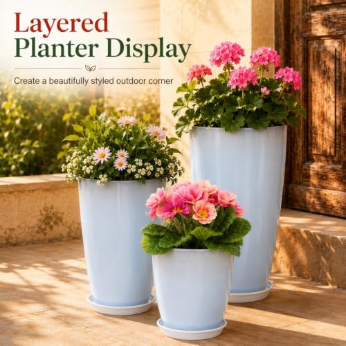 Neoaider Set of 3 Tall Planter, 24/21/12in Large Plastic Planter, WhiteJade - color: White Jade