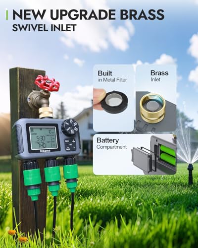 Insoma 3-Zone Sprinkler Timer with Brass Inlet + IPX5 Waterproof | Programmable Auto/Manual Irrigation Mode with Rain Delay & Large LCD | Water Hose Timer 3 Outlets for Garden, Lawn, Yard, Pool - size: 3 Zone-Brass Inlet