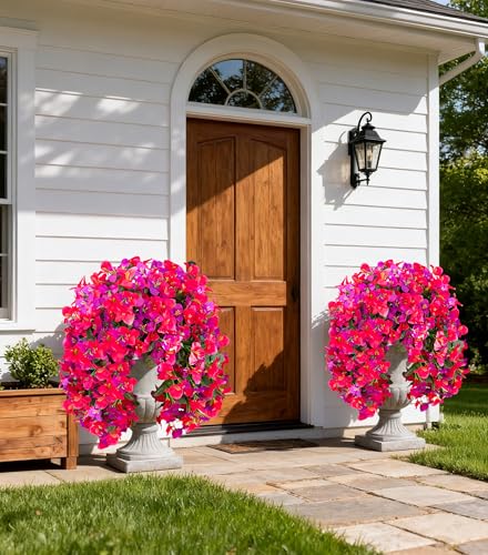 2 PCS Bougainvillea Artificial Hanging Flowers Plants for Outdoors, Mix - color: Purple + Hot Pink