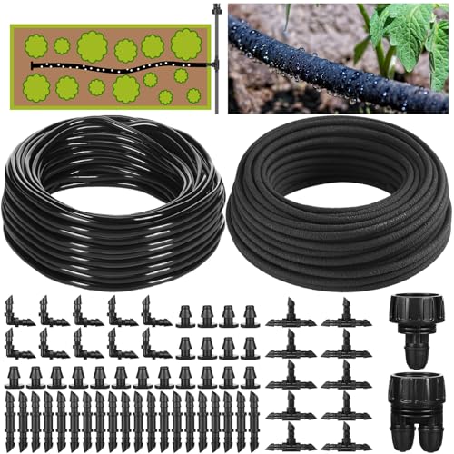 Drip Irrigation System Kit Garden Watering System 200ft 1/4 Inch Soaker Hose 100ft 1/4 Inch Drip Irrigation Tubing with Distribution Tubing and Accessories for Garden Greenhouse Patio Lawn