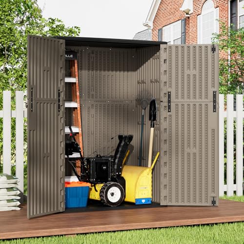 HOMSPARK Outdoor Storage Shed 57 Cu.Ft, All-Weather Resistant Resin Garden Sheds & Outdoor Storage Clearance with Floor, Double-Layer Plastic Tool Sheds for Patio, Garden & Lawn (Shallow Brown) - color: Shallow Brown, size: 57 Cu.ft