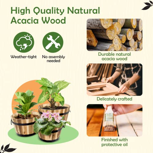 Idzo Set of 3 Wooden Flower Boxes Outdoor, Durable Acacia Wood Barrel Planters for Outdoor Plants with Ergonomic Handles, Drainage Holes, Multiple Sizes Wood Bucket Planter for Home Decor - color: Round _ Natural _ Pack 3