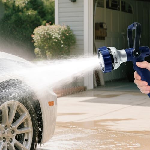 HugeDawn Garden Hose Nozzle, 6 Spray Patterns Heavy Duty Metal Water Nozzle with High Pressure for Watering, Cleaning, Washing (Blue) - color: Blue