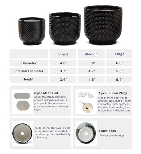 4 + 5 + 6 Inch Ceramic Pots for Indoor Plants, Succulents Plant Pots, Orchid Flower Pot with Drainage Hole, Modern Clay Stoneware Planters, Set of 3 (Black, 4+5+6 Inch) - color: Black