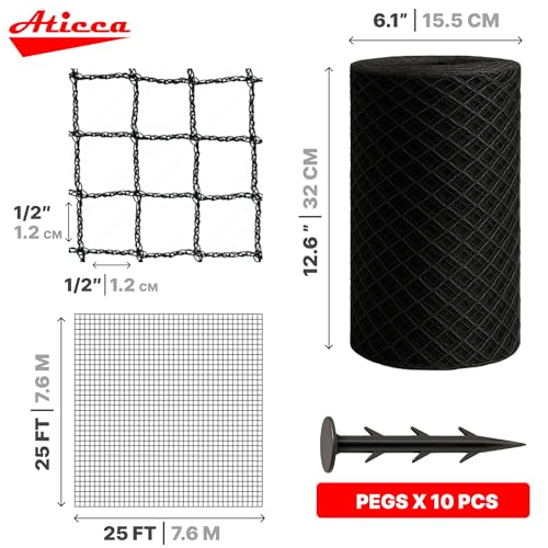 ATICCA 25 x 25 FT Heavy Duty Bird Netting for Garden, 10 Stakes, Black - size: 25x25 Bird Netting