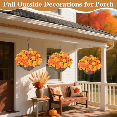 Artificial Faux Fall Mums Hanging Flowers Plants Basket for Outdoor Decor, 75 UV Resistant Fake Silk Orange Yellow Daisy in Planter Real Look for Autumn Porch Home Patio Garden Yard Decoration - color: Orange Yellow - 1 Set