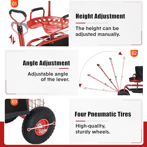 Rolling Garden Cart with Seat, Garden Workseat with 360-Degree Swivel - color: Red+backrest