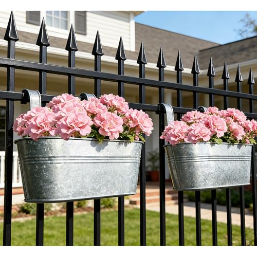 2 Pack 12" Galvanized Hanging Railing Planters with Hooks and Drainage - size: 12 Inch