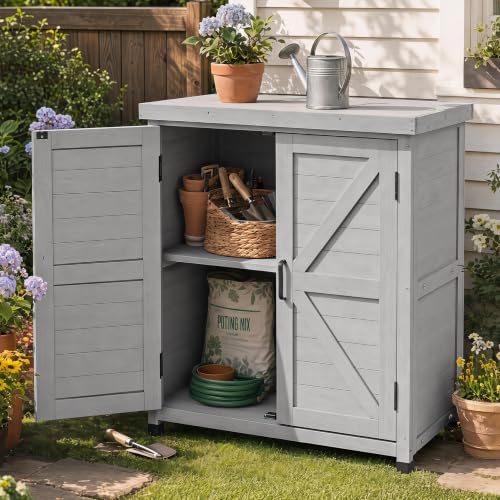 Outdoor Potting Bench with Storage Cabinet and Metal Top, Wood Workstation for Outdoor Patio, Garden (Classic Grey, 31x17x36‘’) - color: Classic Grey, size: 31x17x36"