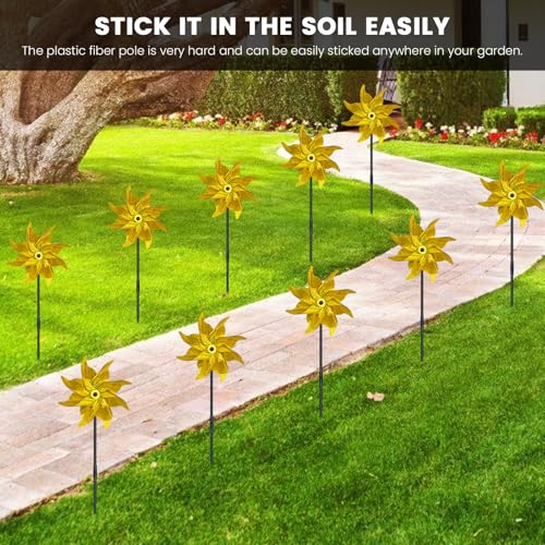 10 PCS Reflective Pinwheels for Yard and Garden Bird Devices Pre-Installed Sparkly Wind Spinner Deterrent to Scare Birds Away from Yard Patio Farm (Yellow) - color: Yellow
