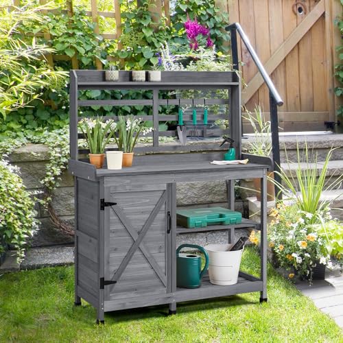 Yaheetech Outdoor Potting Bench with Storage, Planting Table for Patio,Gray - color: Gray