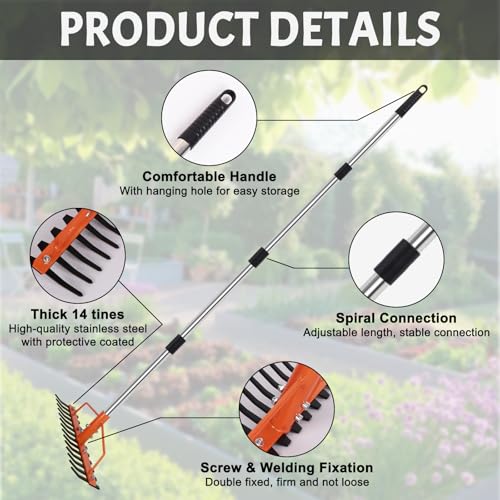 Bow Rake 60-Inch Adjustable Handle Metal Rake 14 Steel Tines Dual-Sided Garden Rake for Soil Loosening Leveling Leaves Gathering Thatch Removal Gravel Rock Landscape Yard Care