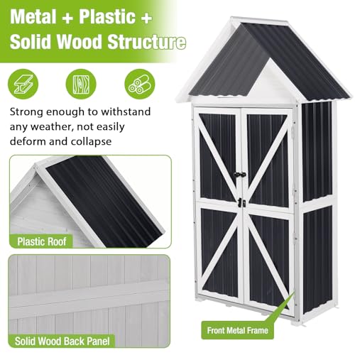 GUTINNEEN Outdoor Storage Cabinet, Wood & Metal Frame Garden Storage Shed with Waterproof Plastic Roof, Adjustable Shelves, Raised Base, Weather-Resistant Tool Shed for Backyard, Patio & Lawn, 67.5"H - color: Black