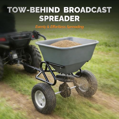 VINGLI 110lbs Fertilizer Spreader Tow-Behind with 10 Adjustable Drop Rate, with 11.4" Tire for Multi-Terrain, Broadcast Spreader for Lawn Care & Seed Spreading