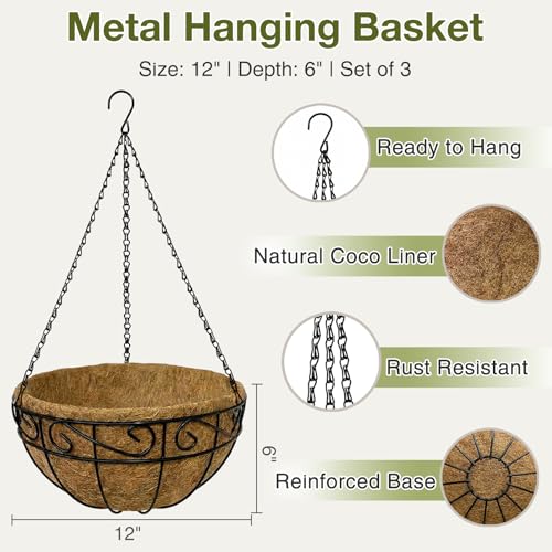12 Inch Hanging Baskets for Plants Outdoor, 3 Pack Metal Wire Hanging Planters with Coco Coir Liners, Rust-Resistant Flower Basket with Chains & Hooks for Garden Patio Porch Deck Balcony - size: 12IN-3PCS, style: Flower Border