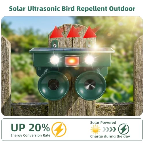 2026 New Ultrasonic Bird Repeller Solar Powered Outdoor IP65 Motion Activated Bird Pigeon Deterrents for Outside with Flash Light Woodpecker Goose Repellent Devices for Rooftops Porch Patio Balconies