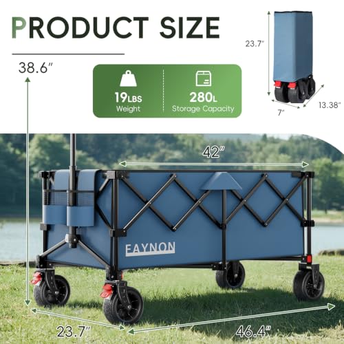 46" L Collapsible Foldable Extended Wagon, 500LB Weight Capacity with 280L Heavy Duty Folding Cart,Utility Wagon with All-Terrain Beach Wheel & Drink Holders,Light Blue - color: Light Blue