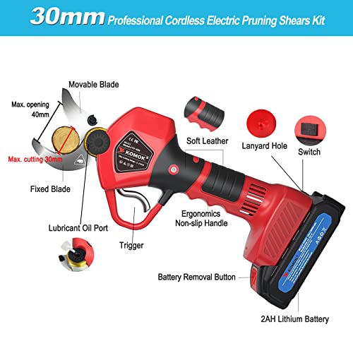 KOMOK Electric Pruning Shears, Professional Cordless Pruning Shears with 2pcs 2Ah Battery Powered Tree Branches Pruner, 30mm 1.2" Cutting Rnage, 6-8 Working Hours - style: 30mm-Red