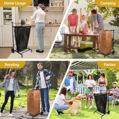 Metal Leaf Bag Holder, 35-55 Gallon Adjustable Mobile Trash Bag Holder,Upgraded Garbage Bag Trolley with wheels,Trash Bag Holder Stand Suitable for Yard and Lawn Cleaning, Camping, and Gathering