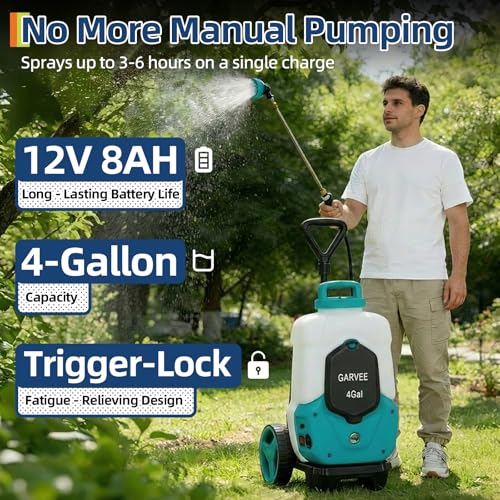 Garvee 4 Gallons Battery Powered Backpack Sprayer with Wheeled Cart, 12V 8Ah Electric Sprayer with 6 Nozzles & 2 Wands, 4-6 Hour Runtime, 90PSI Adjustable Pressure, Trigger Lock, Yard Sprayers - size: 4.2 Gal