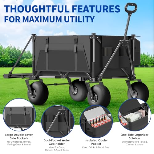 Beach Wagon with Big Wheels for Sand - 450lbs Load Heavy Duty Wagons Carts Foldable with 9" All Terrain Inflatable Tires, Collapsible Beach Cart for Grocery Shopping Garden Sports Camping Outdoor - color: Black