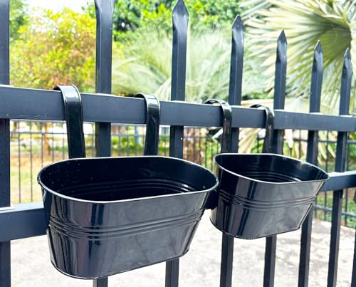 10" Metal Hanging Planter for Railing with Detachable Hooks, Black, 2 Pcs - color: Black